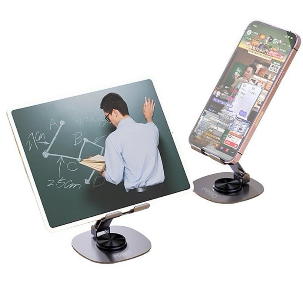 PRITO Metal Rotating Phone Tabletop Stand, Adjustable Height and Angle Foldable Cell Phone Stand Holder for Desk, Taller Phone Stand Compatible 4-11 Inch All Mobile Phone/iPad/Tablet