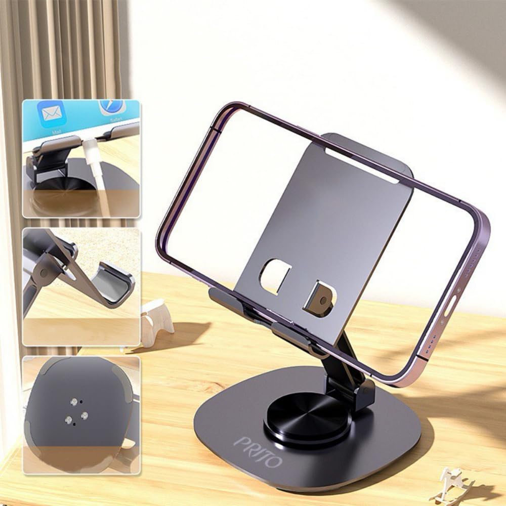 PRITO Metal Rotating Phone Tabletop Stand, Adjustable Height and Angle Foldable Cell Phone Stand Holder for Desk, Taller Phone Stand Compatible 4-11 Inch All Mobile Phone/iPad/Tablet