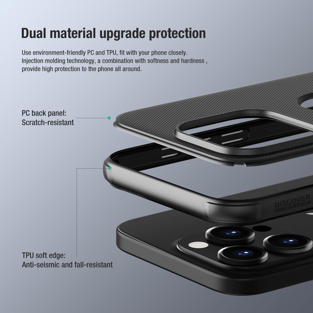 Nillkin Case for Apple iPhone 15 Pro Max (6.7" Inch) Super Frosted Shield Pro Hard Back Soft Border (PC + TPU) Shock Absorb Cover Raised Bezel Camera Protect PC with Logo Cut Black Color