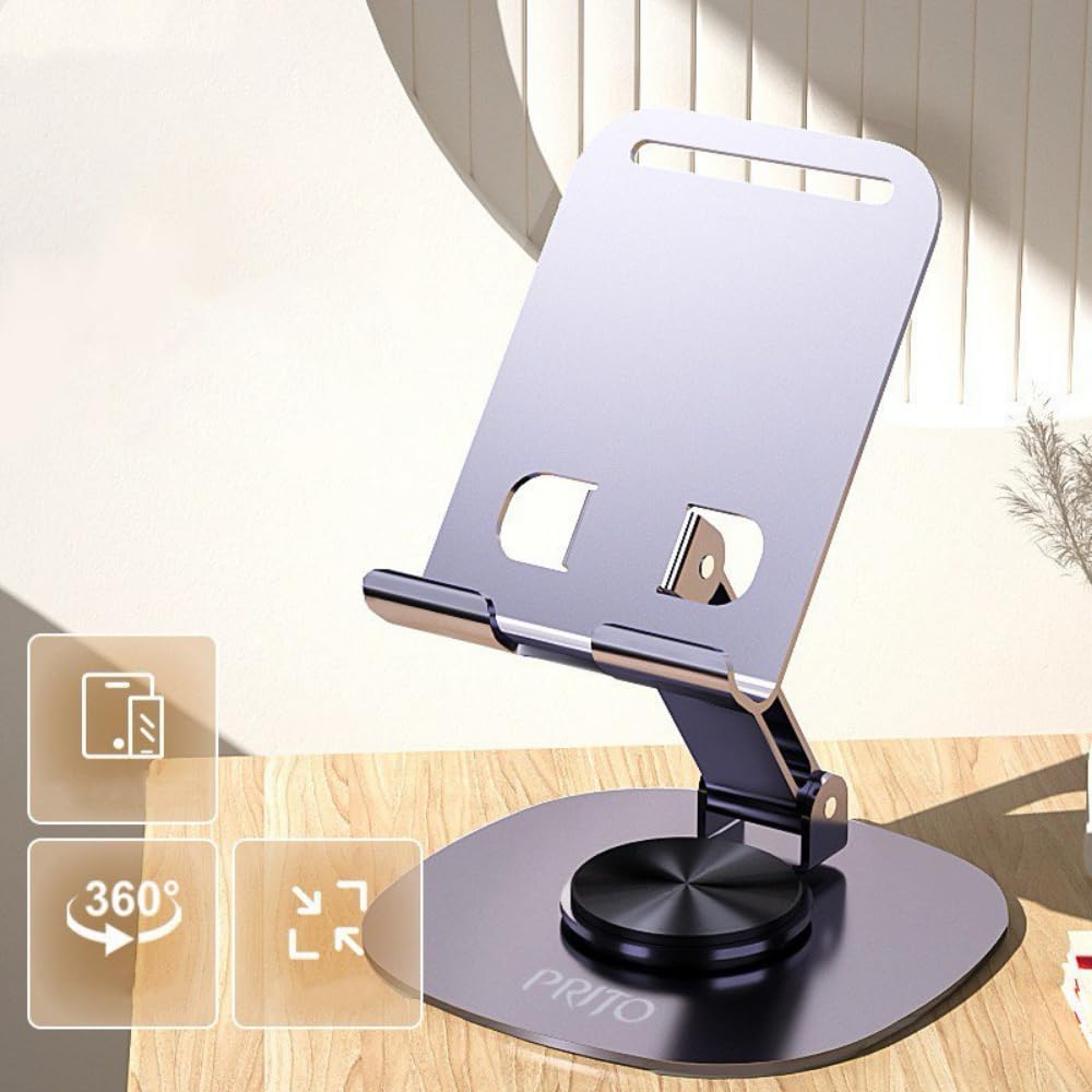 PRITO Metal Rotating Phone Tabletop Stand, Adjustable Height and Angle Foldable Cell Phone Stand Holder for Desk, Taller Phone Stand Compatible 4-11 Inch All Mobile Phone/iPad/Tablet