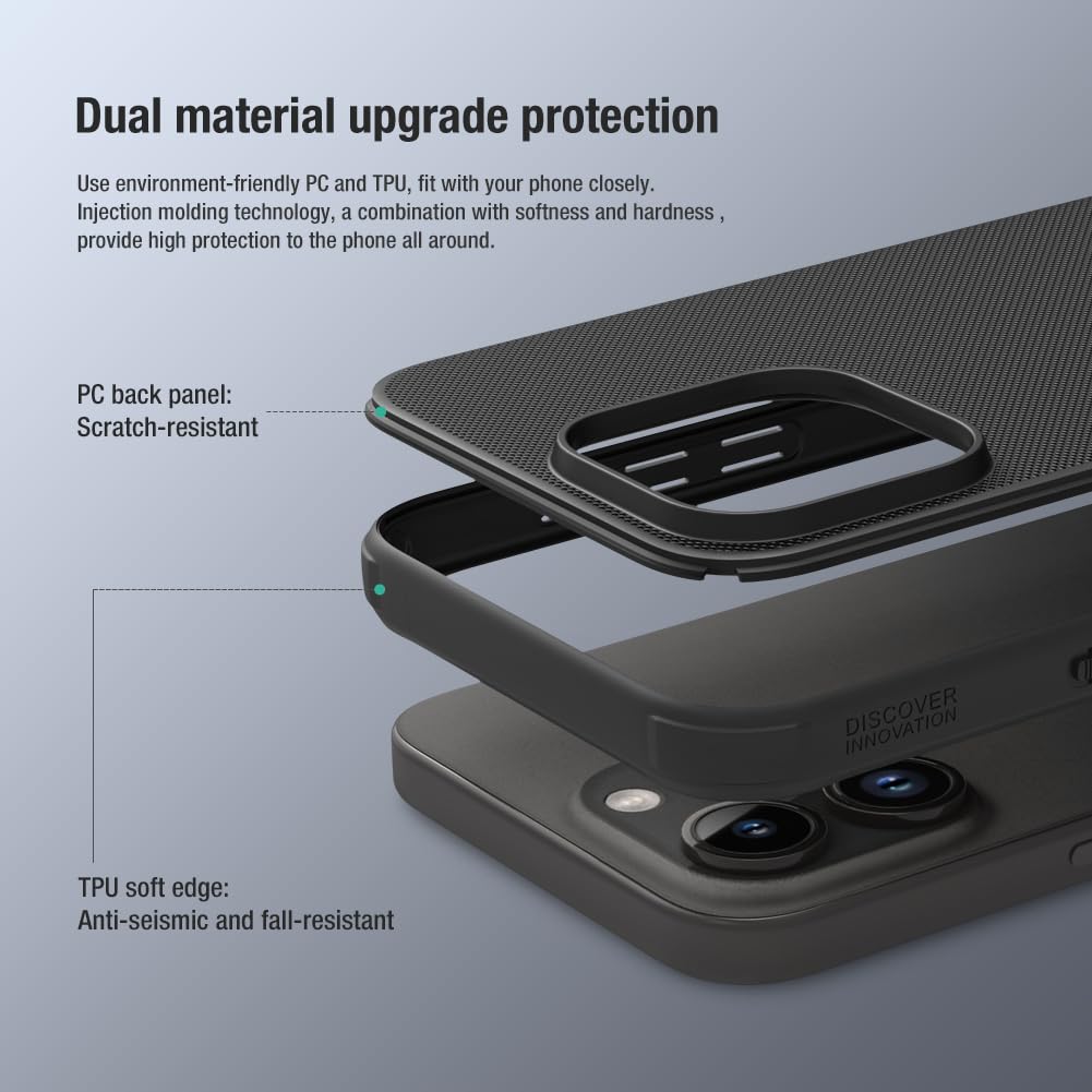 Nillkin Case for Apple iPhone 15 Pro Max (6.7" Inch) Super Frosted Shield Pro Hard Back Soft Border (PC + TPU) Shock Absorb Cover Raised Bezel Camera Protect PC Without Logo Cut Black Color