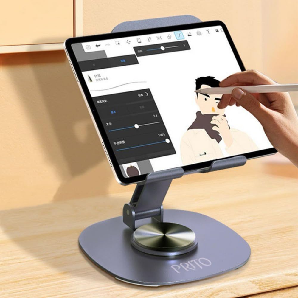 PRITO Metal Rotating Phone Tabletop Stand, Adjustable Height and Angle Foldable Cell Phone Stand Holder for Desk, Taller Phone Stand Compatible 4-11 Inch All Mobile Phone/iPad/Tablet