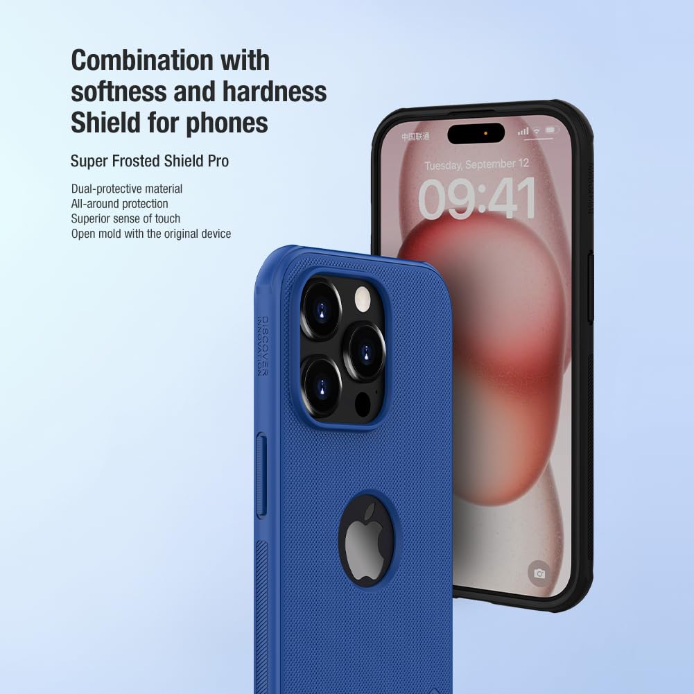 Nillkin Case for Apple iPhone 15 Pro Max (6.7" Inch) Super Frosted Shield Pro Hard Back Soft Border (PC + TPU) Shock Absorb Cover Raised Bezel Camera Protect PC with Logo Cut Black Color