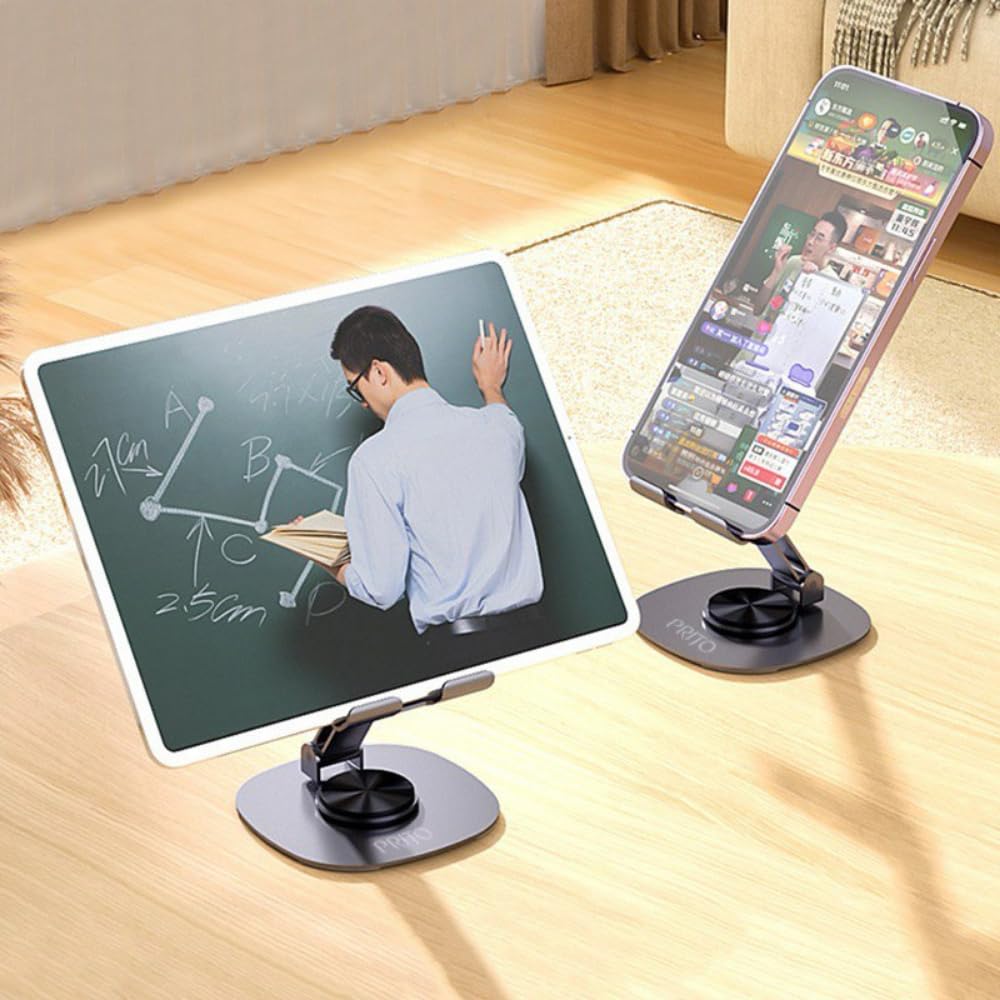 PRITO Metal Rotating Phone Tabletop Stand, Adjustable Height and Angle Foldable Cell Phone Stand Holder for Desk, Taller Phone Stand Compatible 4-11 Inch All Mobile Phone/iPad/Tablet