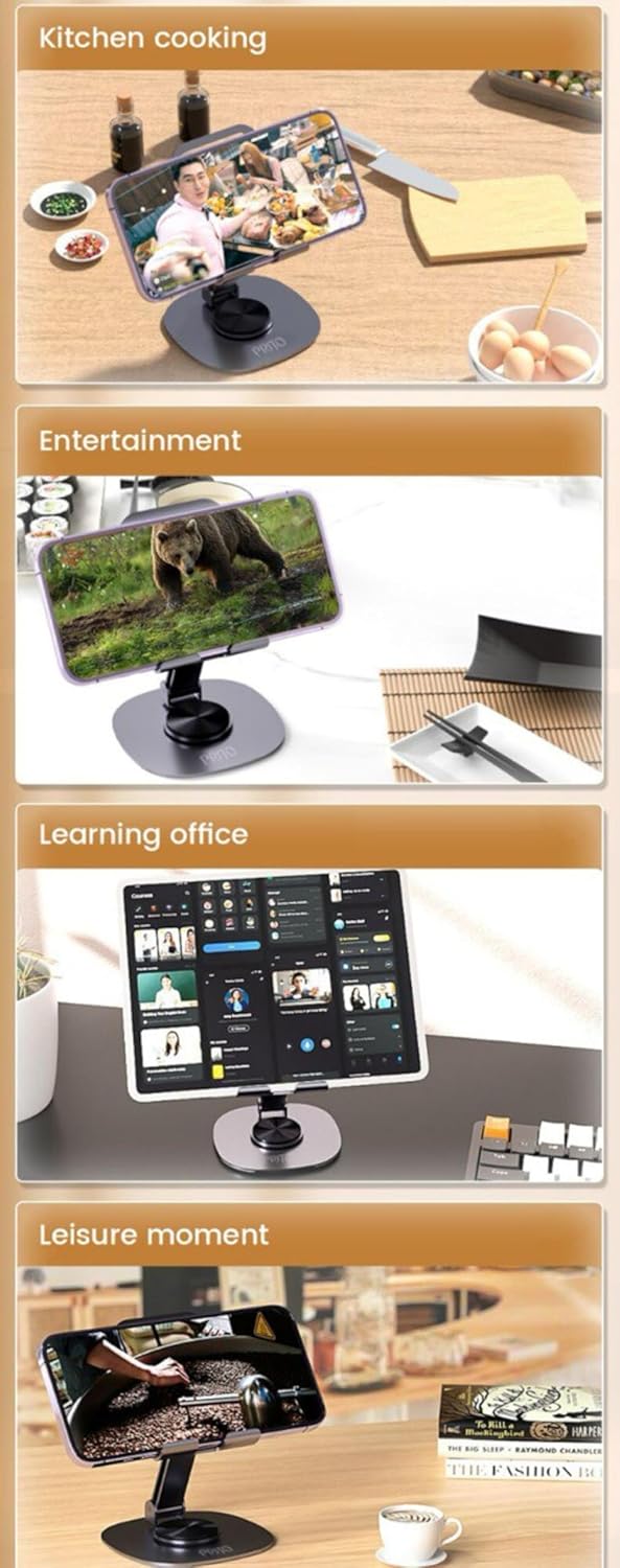 PRITO Metal Rotating Phone Tabletop Stand, Adjustable Height and Angle Foldable Cell Phone Stand Holder for Desk, Taller Phone Stand Compatible 4-11 Inch All Mobile Phone/iPad/Tablet