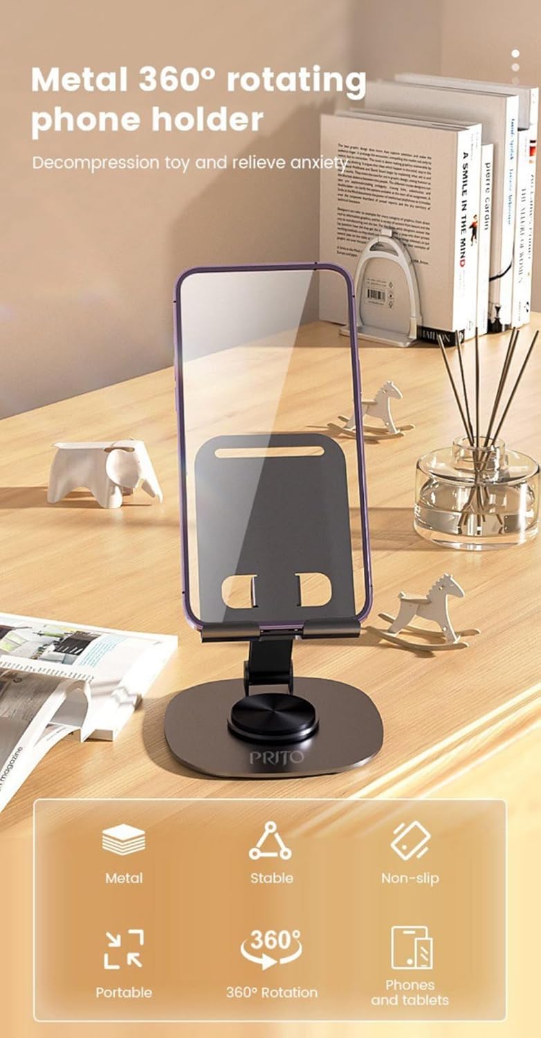 PRITO Metal Rotating Phone Tabletop Stand, Adjustable Height and Angle Foldable Cell Phone Stand Holder for Desk, Taller Phone Stand Compatible 4-11 Inch All Mobile Phone/iPad/Tablet
