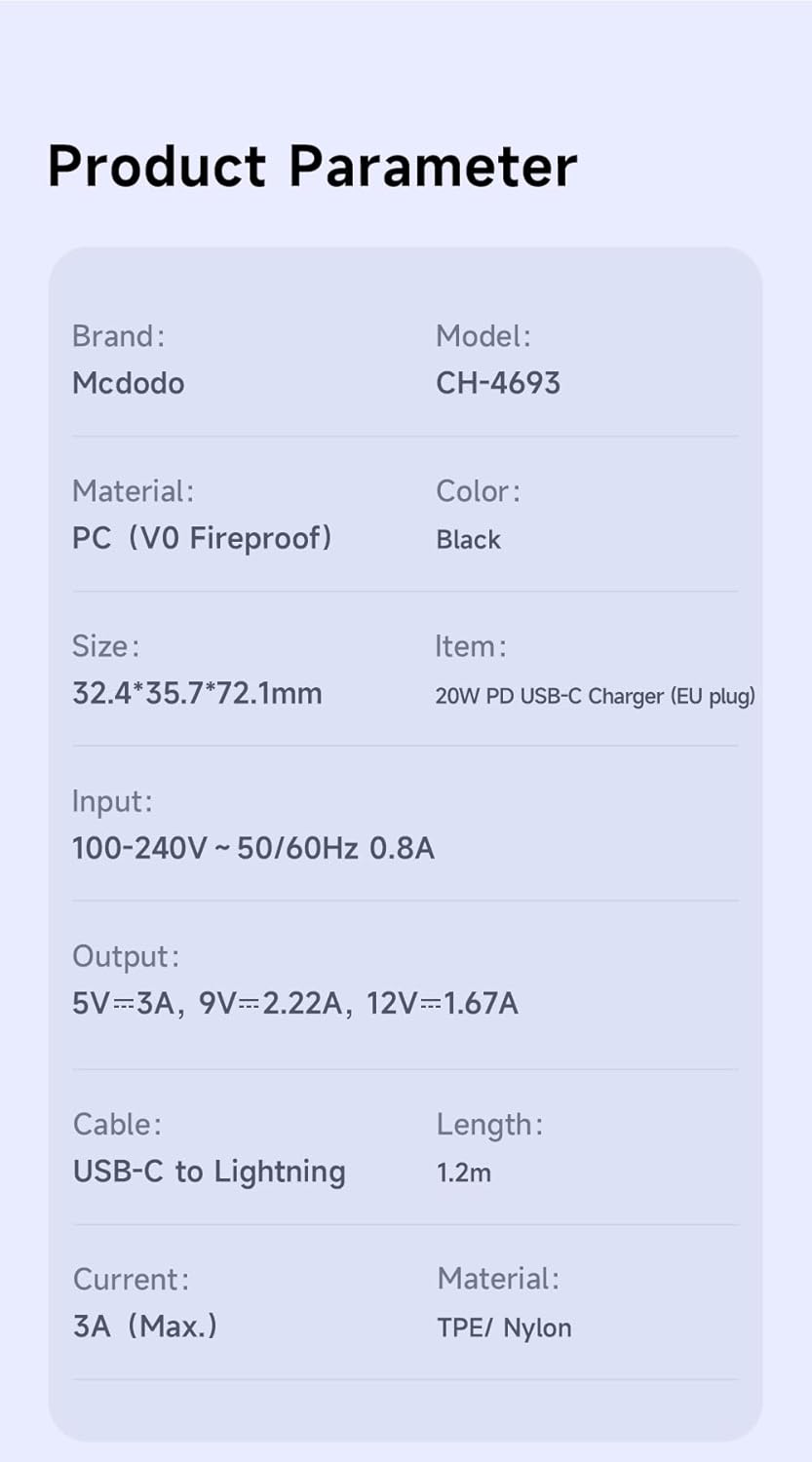 Mcdodo 20W PD Charger Set for iPhone, 4X Fast Charging Kit (Black, Lightning)