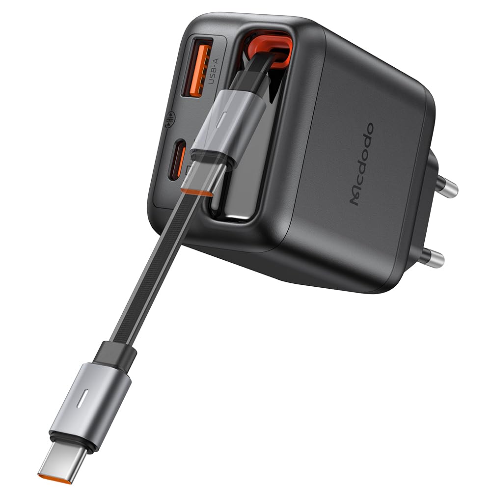 Mcdodo USB C Charger 35W Fast Charger GaN with Built-in Retractable Cable 3 in 1 (3 Ports), Compatible with iPhone 17 Pro Max/16/15, MacBook, Galaxy S25/S24 Ultra, iPad, Switch