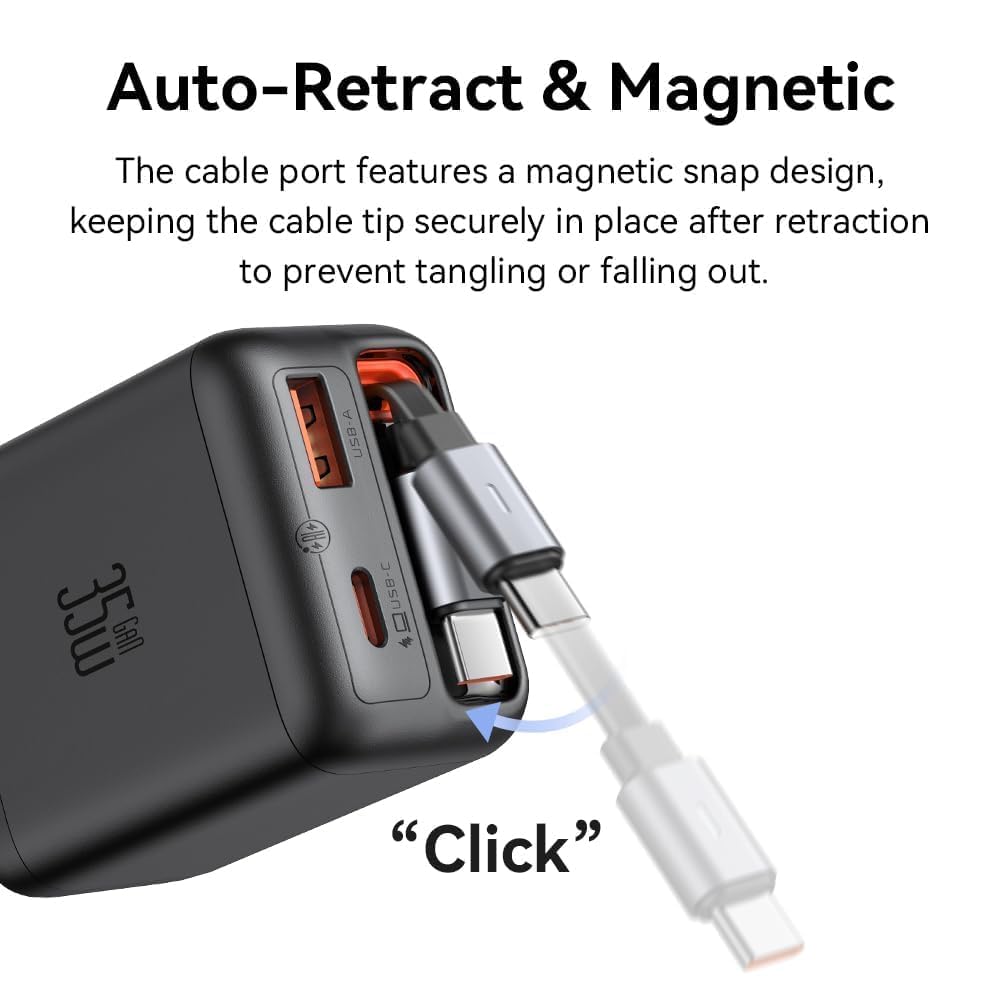 Mcdodo USB C Charger 35W Fast Charger GaN with Built-in Retractable Cable 3 in 1 (3 Ports), Compatible with iPhone 17 Pro Max/16/15, MacBook, Galaxy S25/S24 Ultra, iPad, Switch
