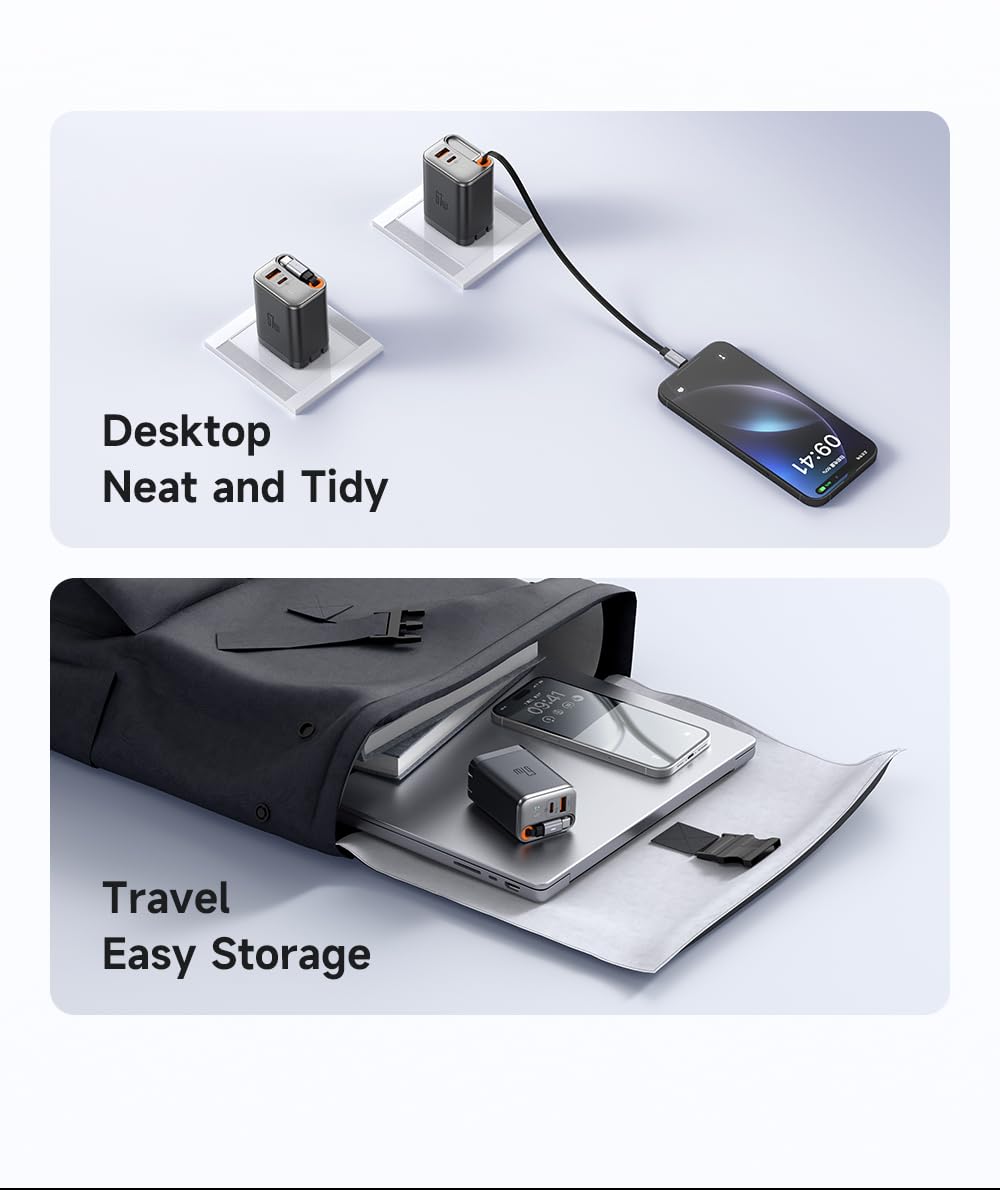 mcdodo 67W USB C Charger With Retractable Type-C Cable, Dual Port (USB A+C) Foldable Wall Charger Gan Fast Charging Fit iPhone 16 15 Pro/Promax/Plus, Galaxy, Ipad, Macbook, Black