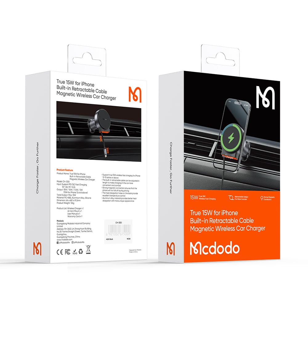 mcdodo for 15W MagSafe Car Mount Charger [Equipped with Type-C extendable Cable] Wireless Car Charger Magnetic Phone Holder Mount, Automobile Car Phone Holder Vent Fit
