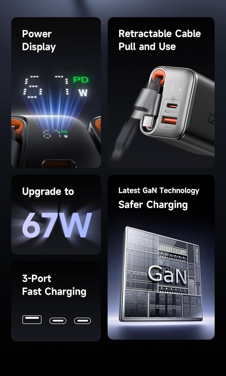 mcdodo 67W USB C Charger With Retractable Type-C Cable, Dual Port (USB A+C) Foldable Wall Charger Gan Fast Charging Fit iPhone 16 15 Pro/Promax/Plus, Galaxy, Ipad, Macbook, Black