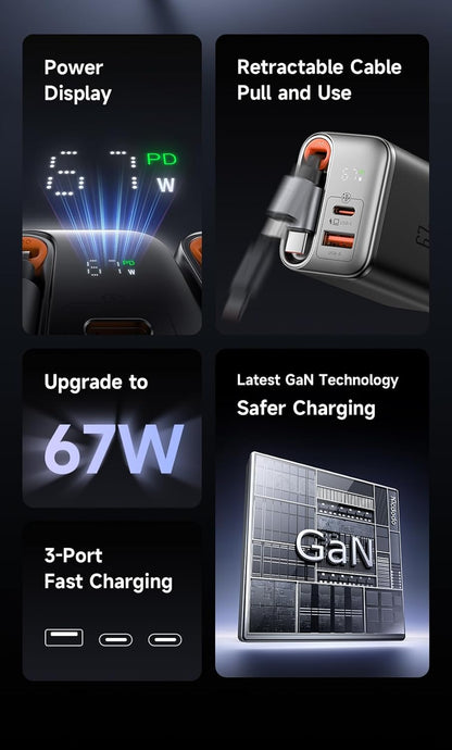 mcdodo 67W USB C Charger With Retractable Type-C Cable, Dual Port (USB A+C) Foldable Wall Charger Gan Fast Charging Fit iPhone 16 15 Pro/Promax/Plus, Galaxy, Ipad, Macbook, Black