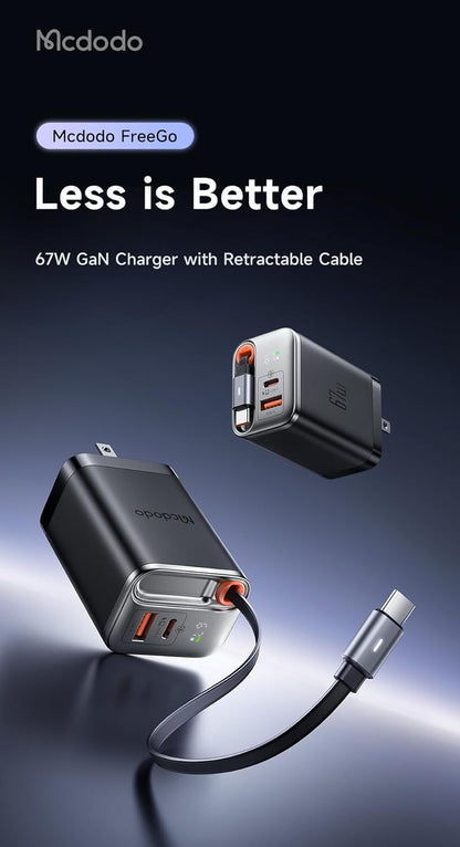 mcdodo 67W USB C Charger With Retractable Type-C Cable, Dual Port (USB A+C) Foldable Wall Charger Gan Fast Charging Fit iPhone 16 15 Pro/Promax/Plus, Galaxy, Ipad, Macbook, Black