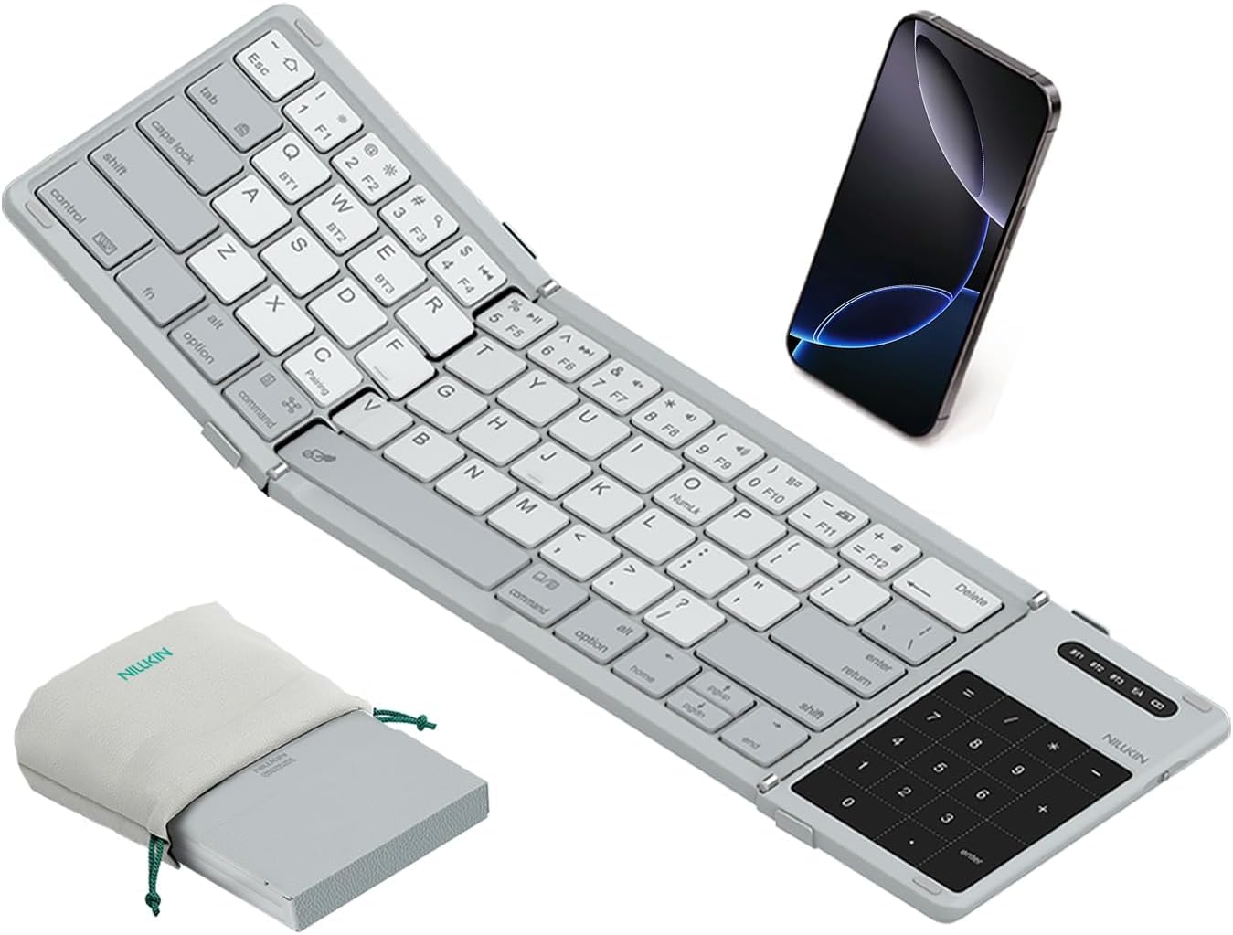 Nilkin® Upgraded Foldable Bluetooth Keyboard with Touchpad & Number Pad, Portable Wireless Keyboard for Travel, Pocket-Sized, Full Size Keys, Support 3 Devices for iPad Laptop Tablets Phone, (Black)