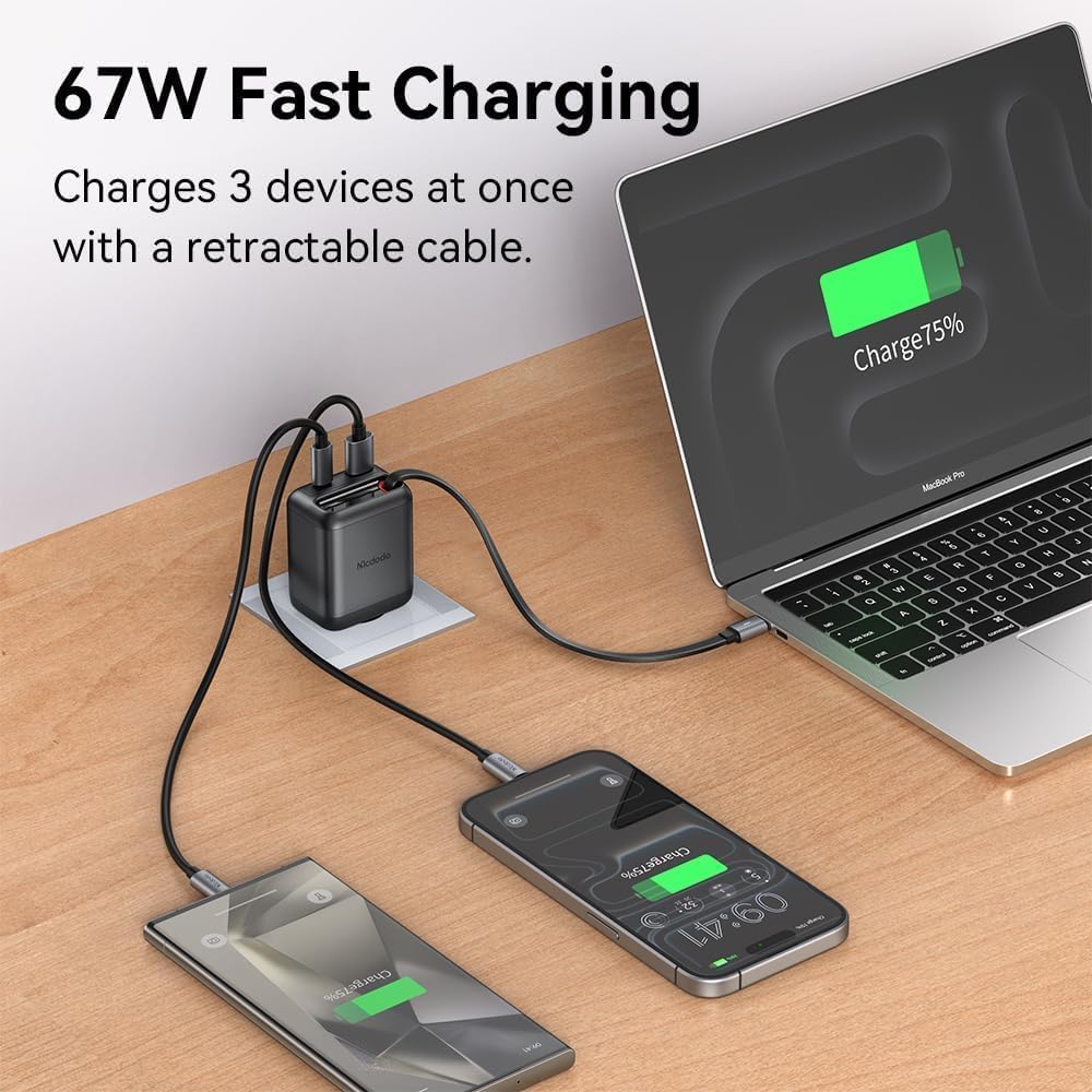 Mcdodo USB C Charger 35W Fast Charger GaN with Built-in Retractable Cable 3 in 1 (3 Ports), Compatible with iPhone 17 Pro Max/16/15, MacBook, Galaxy S25/S24 Ultra, iPad, Switch
