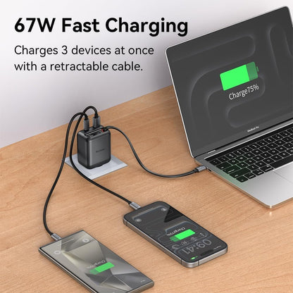Mcdodo USB C Charger 35W Fast Charger GaN with Built-in Retractable Cable 3 in 1 (3 Ports), Compatible with iPhone 17 Pro Max/16/15, MacBook, Galaxy S25/S24 Ultra, iPad, Switch