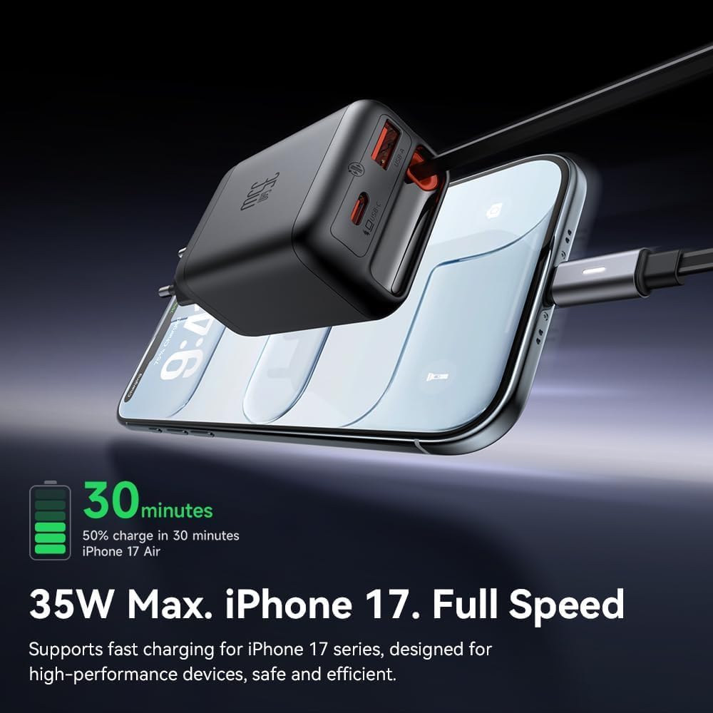 Mcdodo USB C Charger 35W Fast Charger GaN with Built-in Retractable Cable 3 in 1 (3 Ports), Compatible with iPhone 17 Pro Max/16/15, MacBook, Galaxy S25/S24 Ultra, iPad, Switch