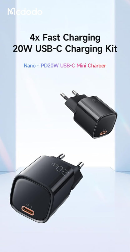 Mcdodo 20W PD Charger Set for iPhone, 4X Fast Charging Kit (Black, Lightning)