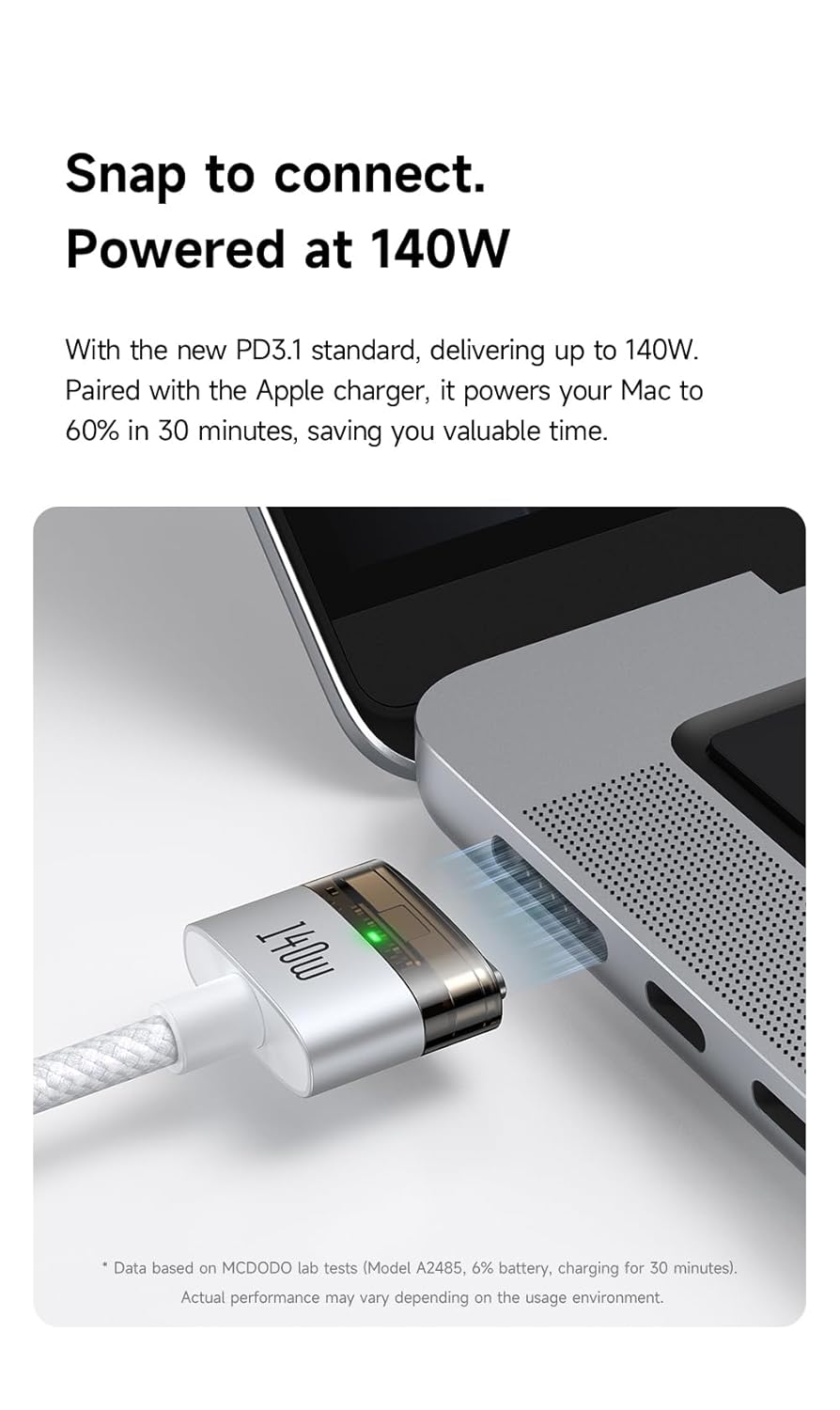 mcdodo USB C to Mag Safe 3 Cable 2m 140W Magnetic Charging Cable for 2024 MacBook Pro 14"/16" M4 2025 MacBook Air 13"/15" M4, Fast Charging (USB C to MagSafe 3-Black)