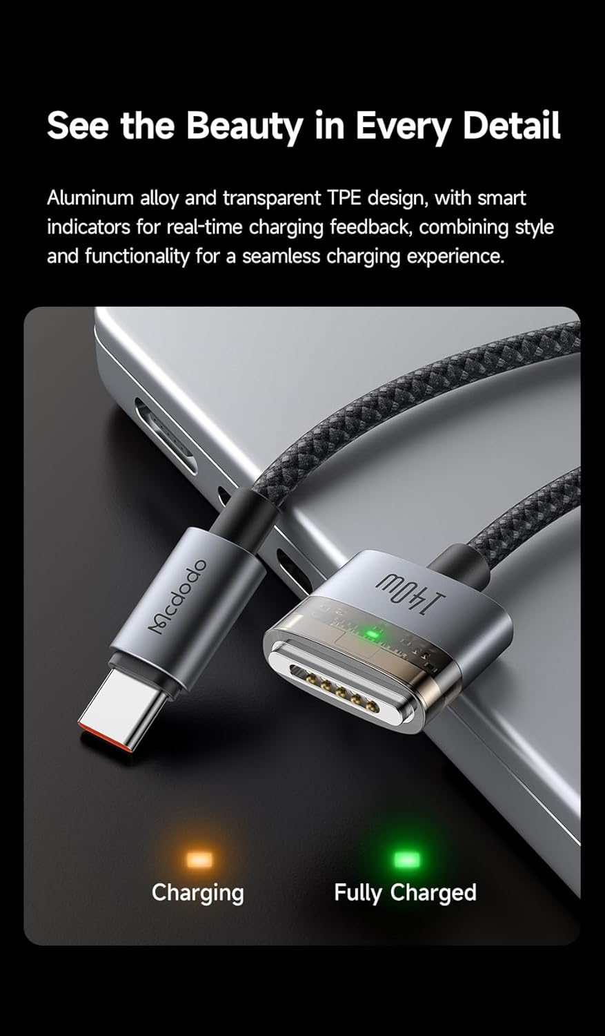 mcdodo USB C to Mag Safe 3 Cable 2m 140W Magnetic Charging Cable for 2024 MacBook Pro 14"/16" M4 2025 MacBook Air 13"/15" M4, Fast Charging (USB C to MagSafe 3-Black)