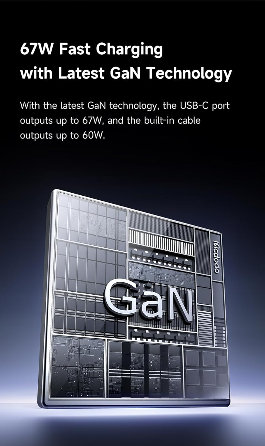 mcdodo 67W USB C Charger With Retractable Type-C Cable, Dual Port (USB A+C) Foldable Wall Charger Gan Fast Charging Fit iPhone 16 15 Pro/Promax/Plus, Galaxy, Ipad, Macbook, Black