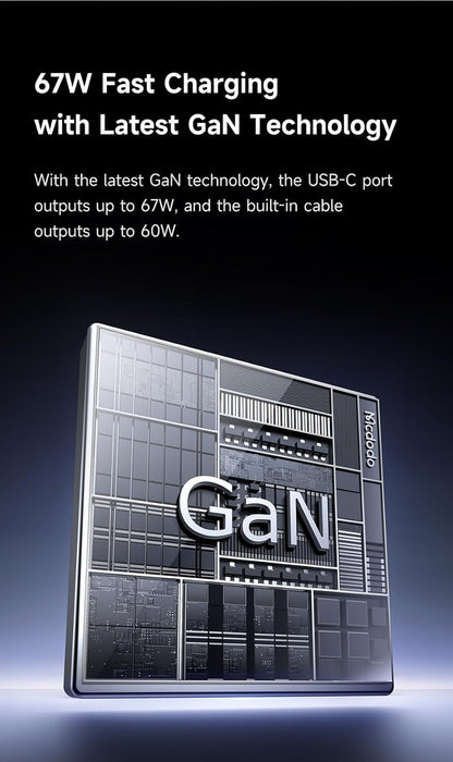 mcdodo 67W USB C Charger With Retractable Type-C Cable, Dual Port (USB A+C) Foldable Wall Charger Gan Fast Charging Fit iPhone 16 15 Pro/Promax/Plus, Galaxy, Ipad, Macbook, Black