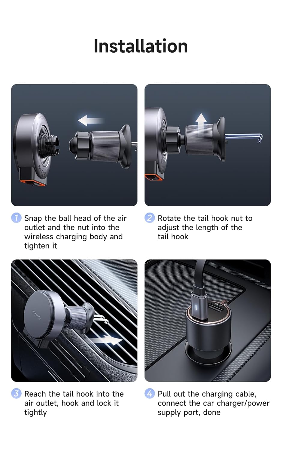 mcdodo for 15W MagSafe Car Mount Charger [Equipped with Type-C extendable Cable] Wireless Car Charger Magnetic Phone Holder Mount, Automobile Car Phone Holder Vent Fit