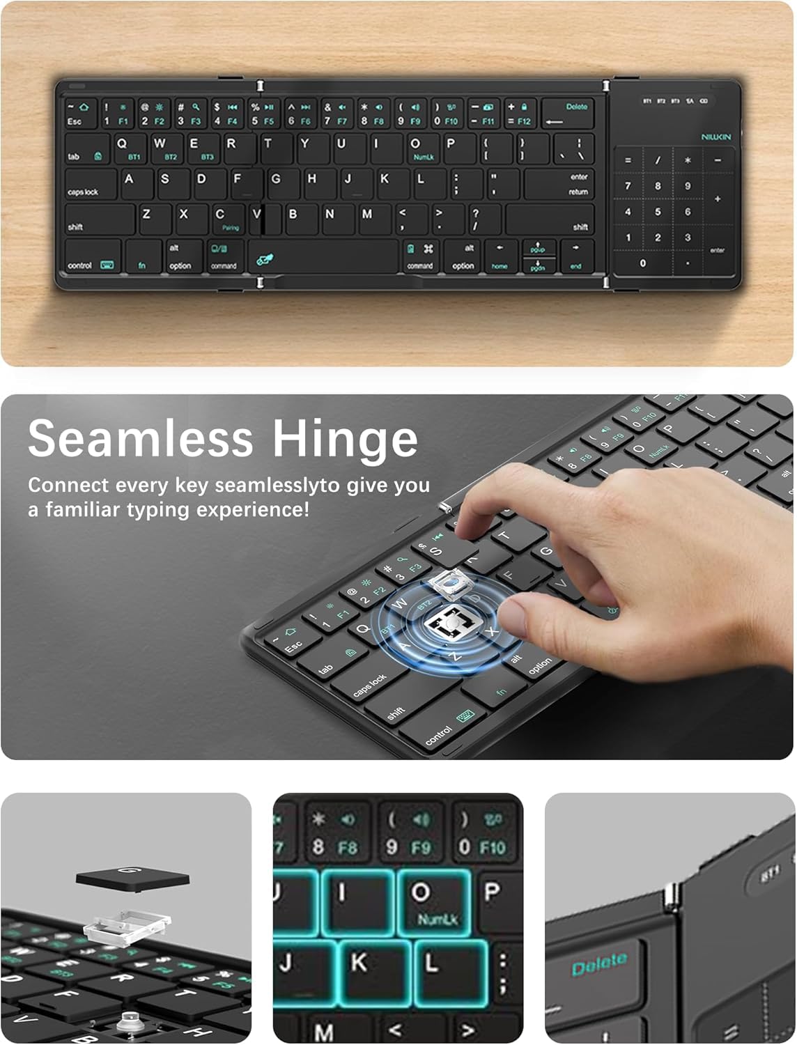 Nilkin® Upgraded Foldable Bluetooth Keyboard with Touchpad & Number Pad, Portable Wireless Keyboard for Travel, Pocket-Sized, Full Size Keys, Support 3 Devices for iPad Laptop Tablets Phone, (Black)