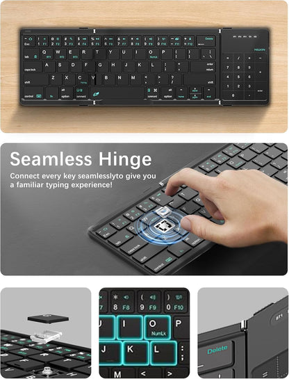 Nilkin® Upgraded Foldable Bluetooth Keyboard with Touchpad & Number Pad, Portable Wireless Keyboard for Travel, Pocket-Sized, Full Size Keys, Support 3 Devices for iPad Laptop Tablets Phone, (Black)