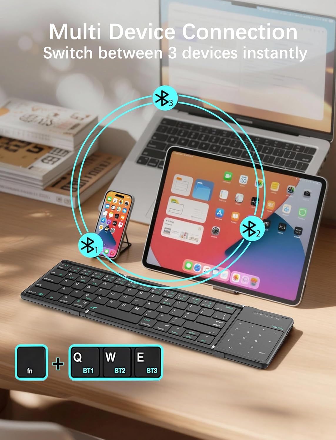 Nilkin® Upgraded Foldable Bluetooth Keyboard with Touchpad & Number Pad, Portable Wireless Keyboard for Travel, Pocket-Sized, Full Size Keys, Support 3 Devices for iPad Laptop Tablets Phone, (Black)