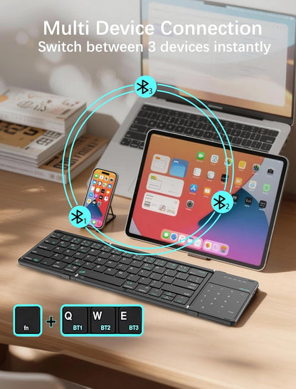 Nilkin® Upgraded Foldable Bluetooth Keyboard with Touchpad & Number Pad, Portable Wireless Keyboard for Travel, Pocket-Sized, Full Size Keys, Support 3 Devices for iPad Laptop Tablets Phone, (Black)