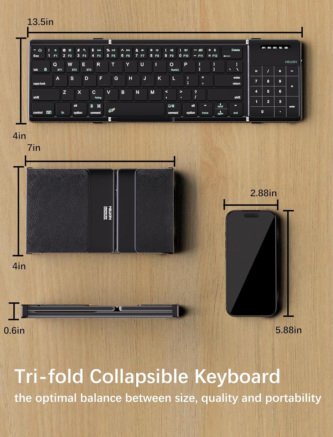 Nilkin® Upgraded Foldable Bluetooth Keyboard with Touchpad & Number Pad, Portable Wireless Keyboard for Travel, Pocket-Sized, Full Size Keys, Support 3 Devices for iPad Laptop Tablets Phone, (Black)