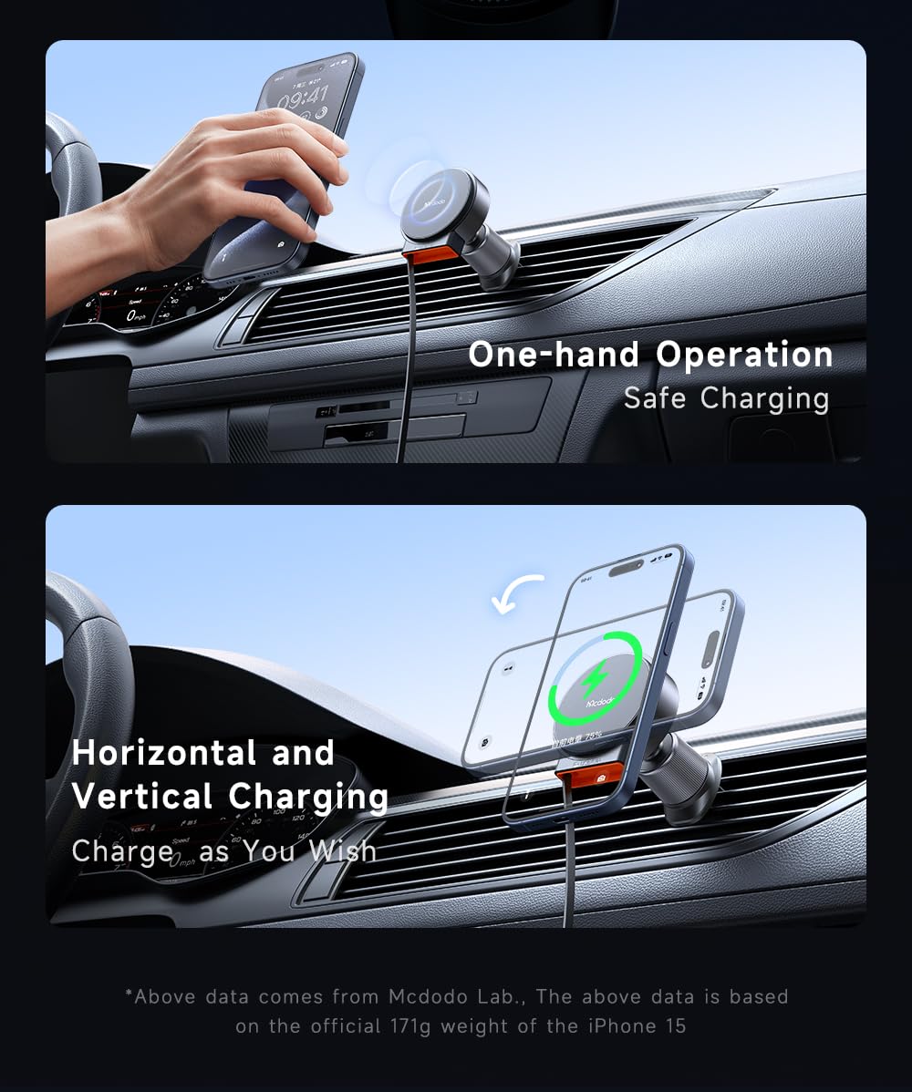 mcdodo for 15W MagSafe Car Mount Charger [Equipped with Type-C extendable Cable] Wireless Car Charger Magnetic Phone Holder Mount, Automobile Car Phone Holder Vent Fit