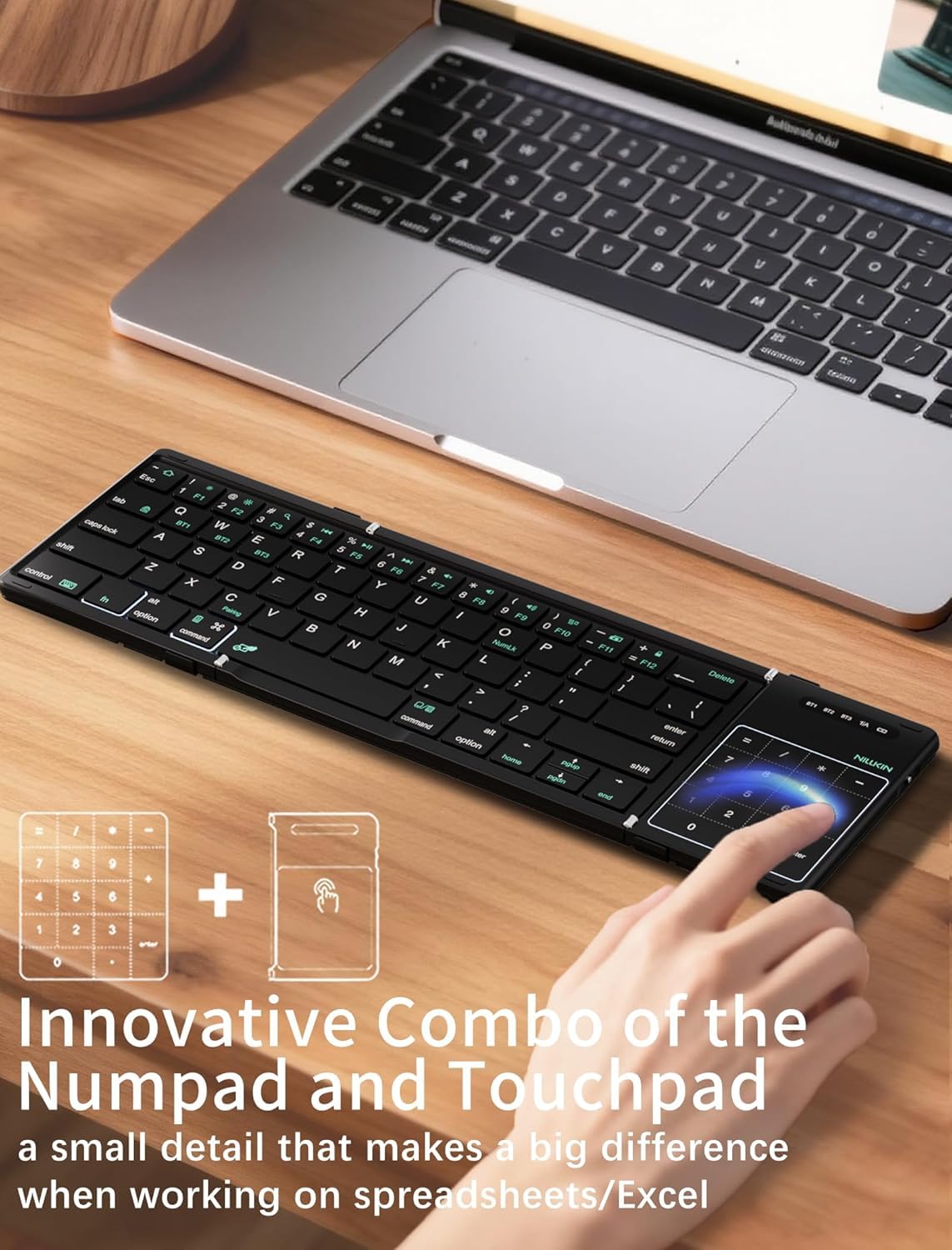 Nilkin® Upgraded Foldable Bluetooth Keyboard with Touchpad & Number Pad, Portable Wireless Keyboard for Travel, Pocket-Sized, Full Size Keys, Support 3 Devices for iPad Laptop Tablets Phone, (Black)