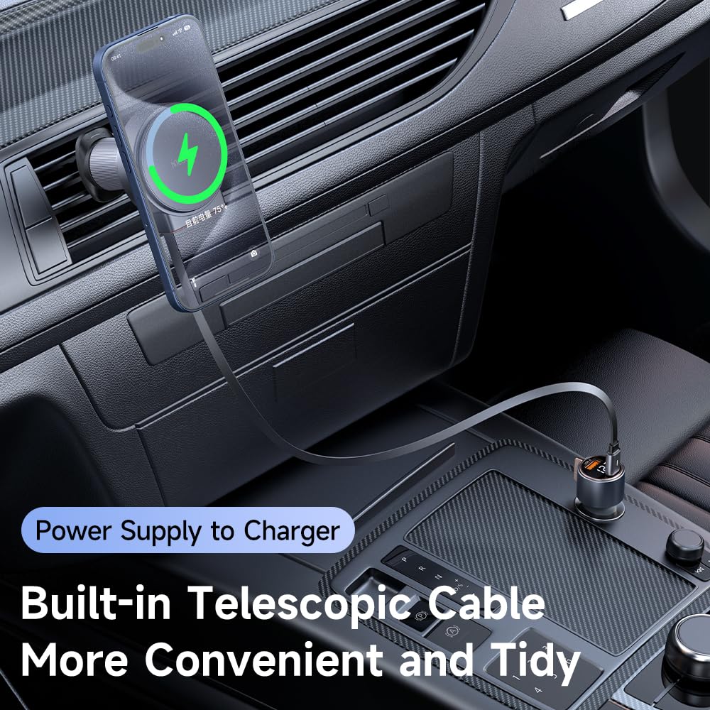 mcdodo for 15W MagSafe Car Mount Charger [Equipped with Type-C extendable Cable] Wireless Car Charger Magnetic Phone Holder Mount, Automobile Car Phone Holder Vent Fit